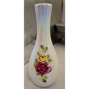Ceramic Iridescent Vase  Small Cream With Roses 5" Tall And 2" Wide
